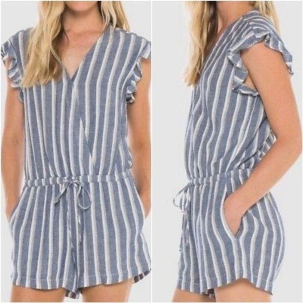 Cloth & stone linen blue striped romper